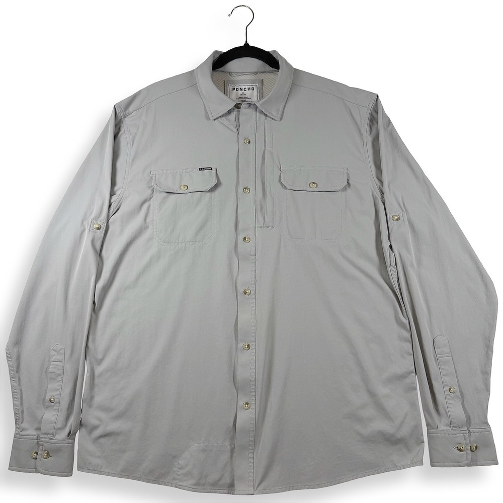 Poncho Outdoors Mens XL Slim Fit Fishing Shirt Gray Magnetic Pockets Long Sleeve
